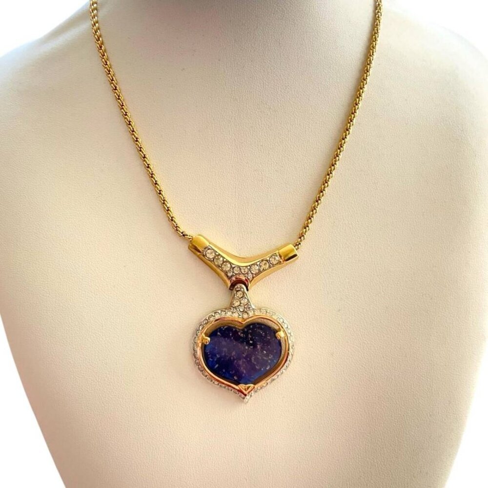 Nina Ricci Blue Gold Rhinestone Heart Pendant Necklace